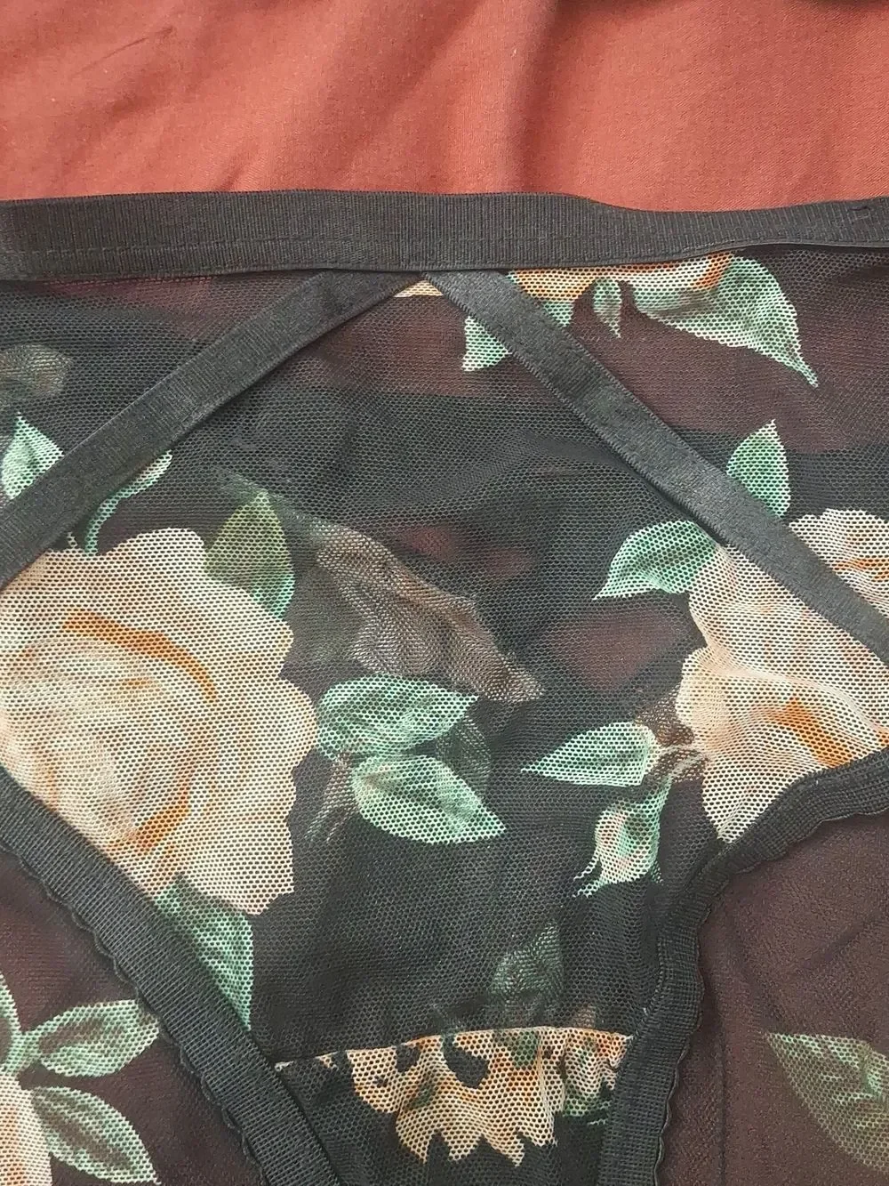 Sheer Floral Mesh Crop Top & Bikini Set - Black with Pink Roses